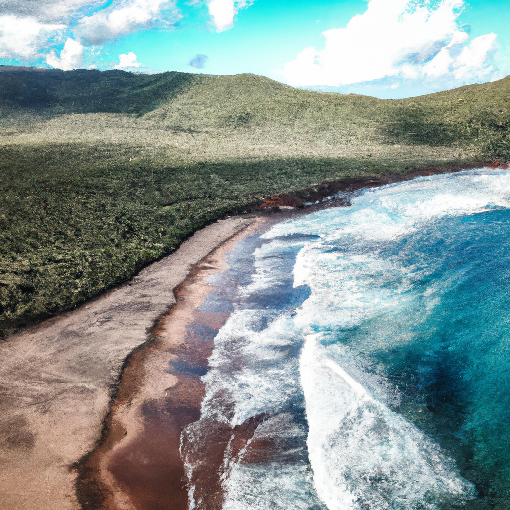 Côte minimaliste en Guadeloupe avec sable noir et eau turquoise