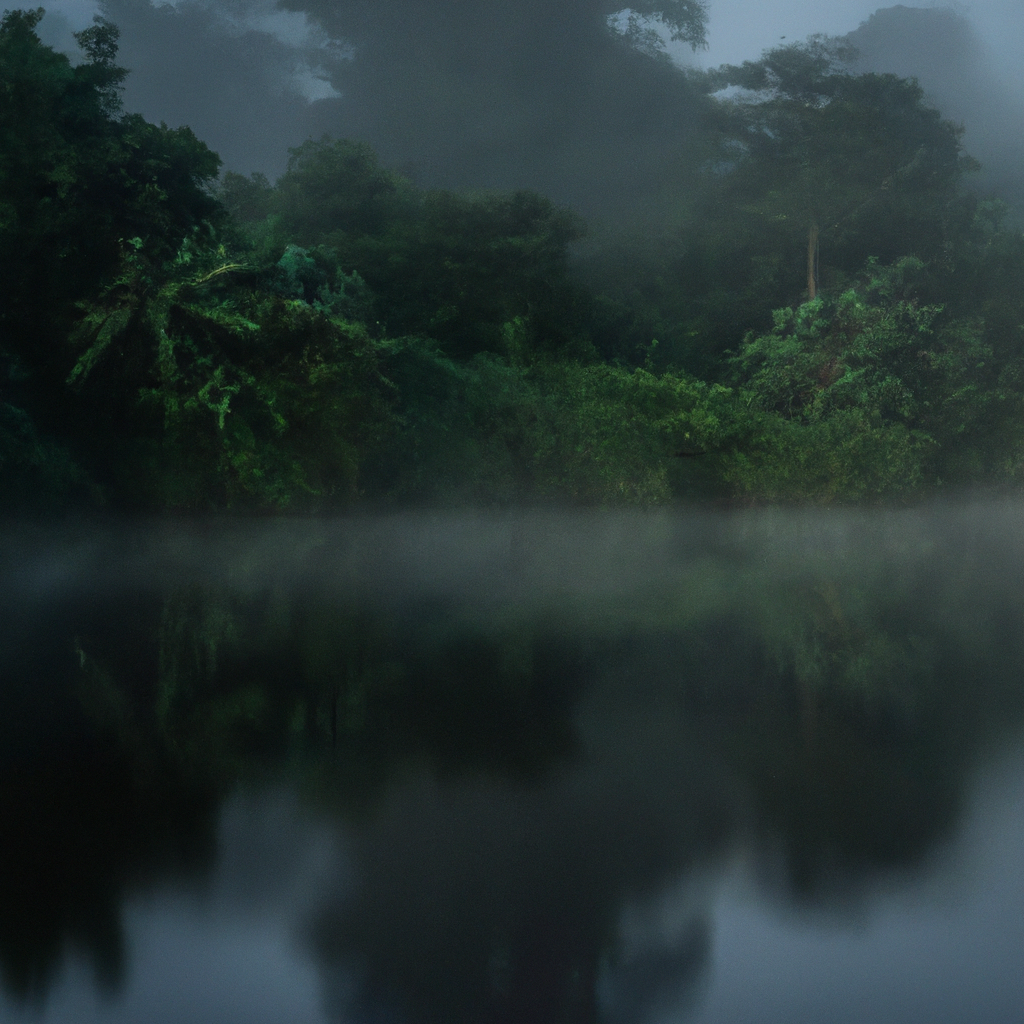 Rivière guyanaise brumeuse, reflet minimaliste