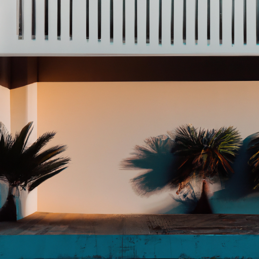 Architecture urbaine minimaliste en Martinique avec ombres de palmiers