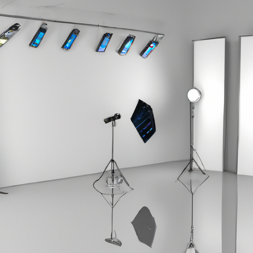 Intérieur du studio photo moderne avec éclairage, trépied et bureau