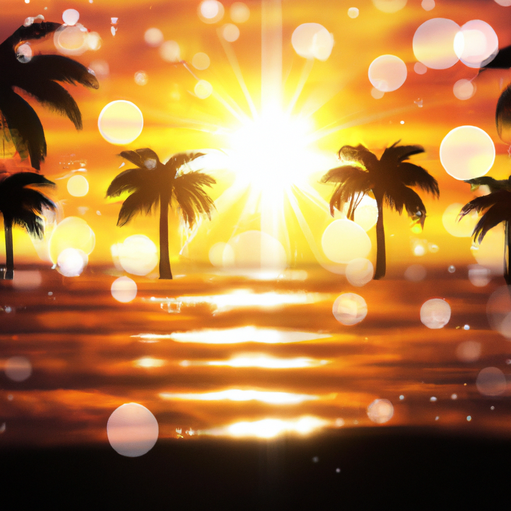 Coucher de soleil doré sur une plage tropicale avec palmiers, ambiance douce et lumineuse