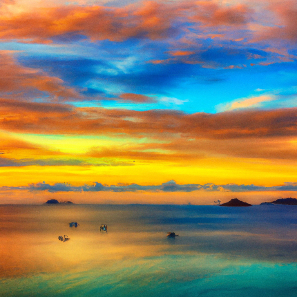 Lagune turquoise au lever du soleil, îles et bateaux créoles — ambiance studio photo insulaire