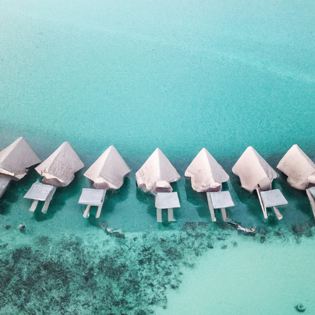 Bungalows sur l’eau en Polynésie, lagon turquoise minimal